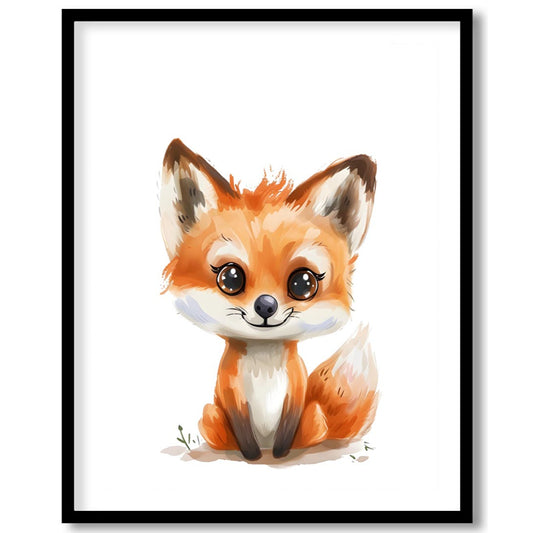 An absolutely adorable watercolor illustration portrays a charming fox cub with large, expressive e… for space