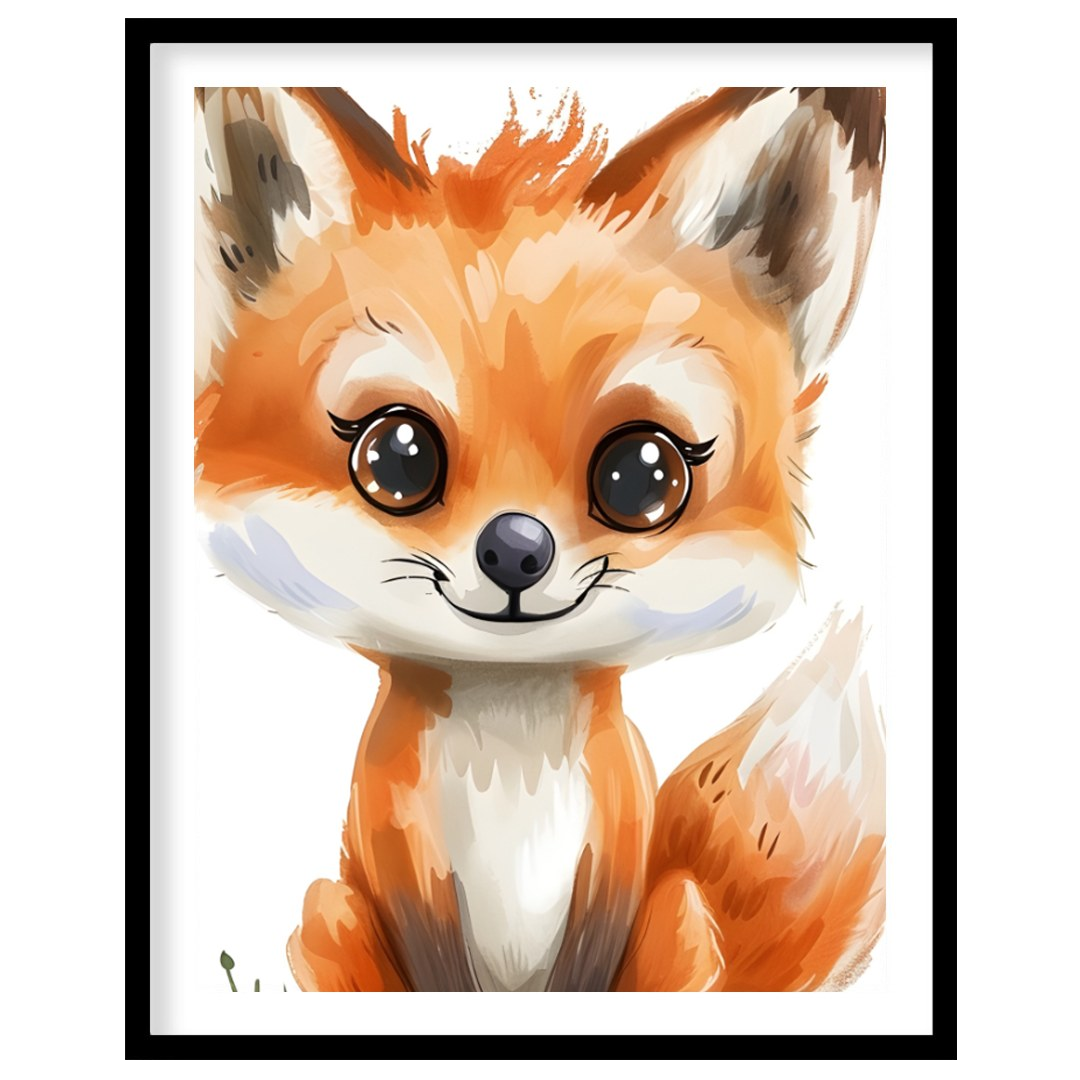 An absolutely adorable watercolor illustration portrays a charming fox cub with large, expressive e… for space