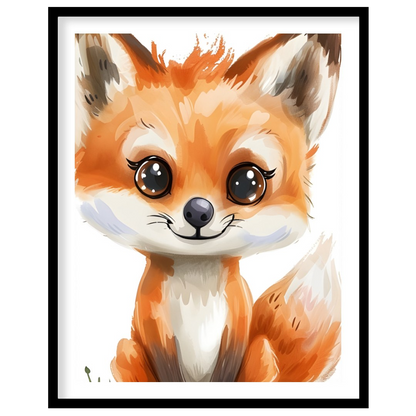 An absolutely adorable watercolor illustration portrays a charming fox cub with large, expressive e… for space