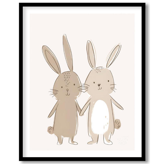This charming and minimalist illustration features two adorable bunny rabbits standing side-by-side… for home