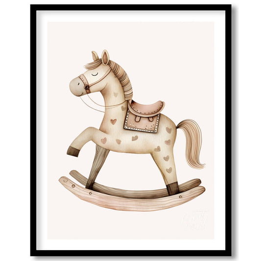 This charming watercolor illustration features a classic rocking horse, rendered in soft, inviting … for lovely house