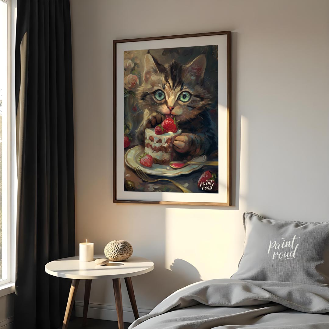 This adorable digital painting captures a wide-eyed tabby kitten with striking blue-green eyes, cau… for bedroom