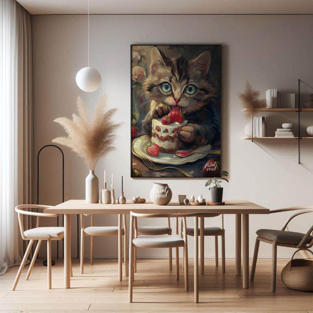 This adorable digital painting captures a wide-eyed tabby kitten with striking blue-green eyes, cau… for dining room