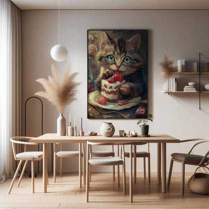 This adorable digital painting captures a wide-eyed tabby kitten with striking blue-green eyes, cau… for dining room