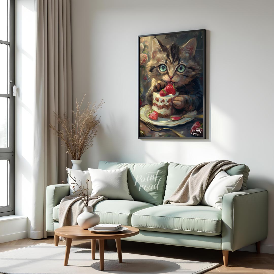 This adorable digital painting captures a wide-eyed tabby kitten with striking blue-green eyes, cau… for living room