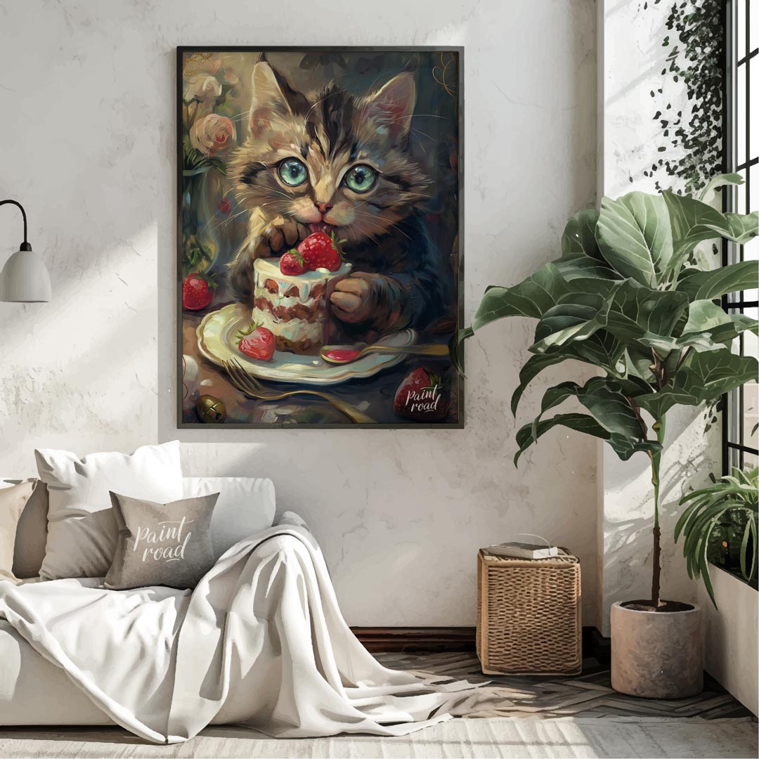 This adorable digital painting captures a wide-eyed tabby kitten with striking blue-green eyes, cau… for living room