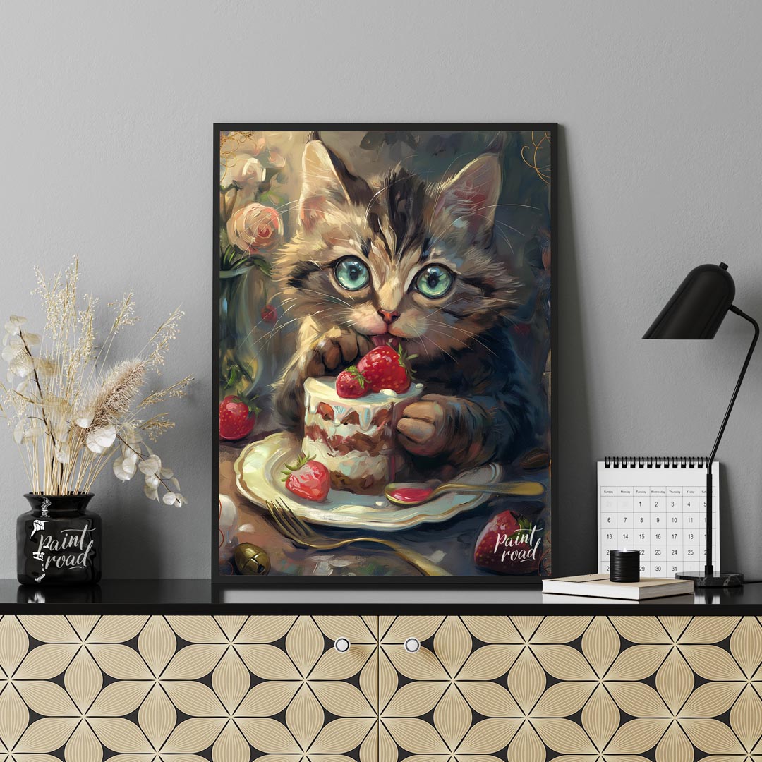 This adorable digital painting captures a wide-eyed tabby kitten with striking blue-green eyes, cau… for office