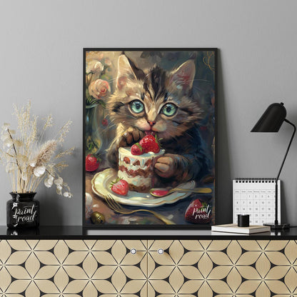 This adorable digital painting captures a wide-eyed tabby kitten with striking blue-green eyes, cau… for office
