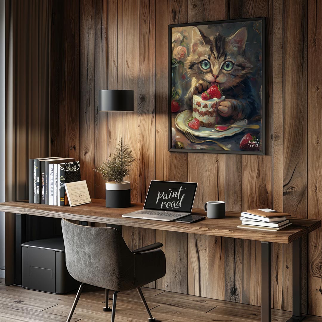 This adorable digital painting captures a wide-eyed tabby kitten with striking blue-green eyes, cau… for office