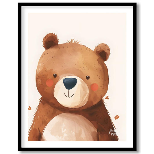 This delightful watercolor illustration presents a charming close-up portrait of a friendly bear wi… for area