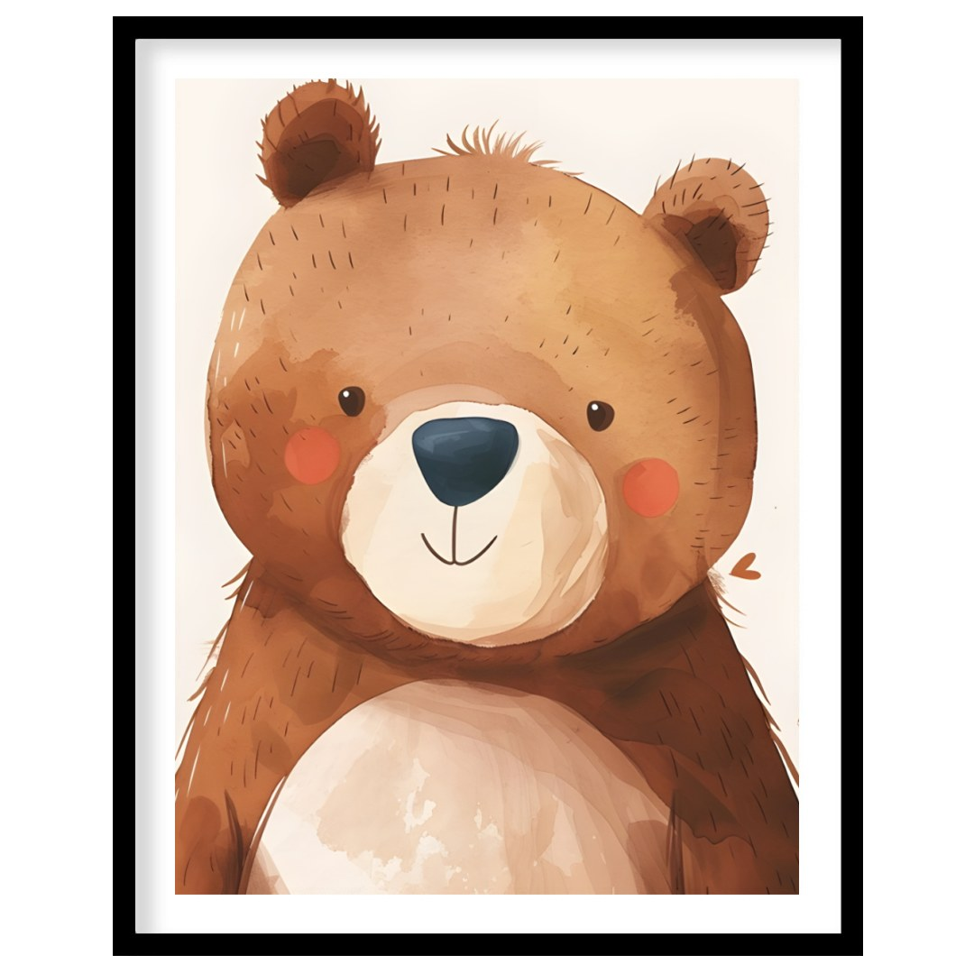 This delightful watercolor illustration presents a charming close-up portrait of a friendly bear wi… for area