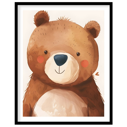 This delightful watercolor illustration presents a charming close-up portrait of a friendly bear wi… for area