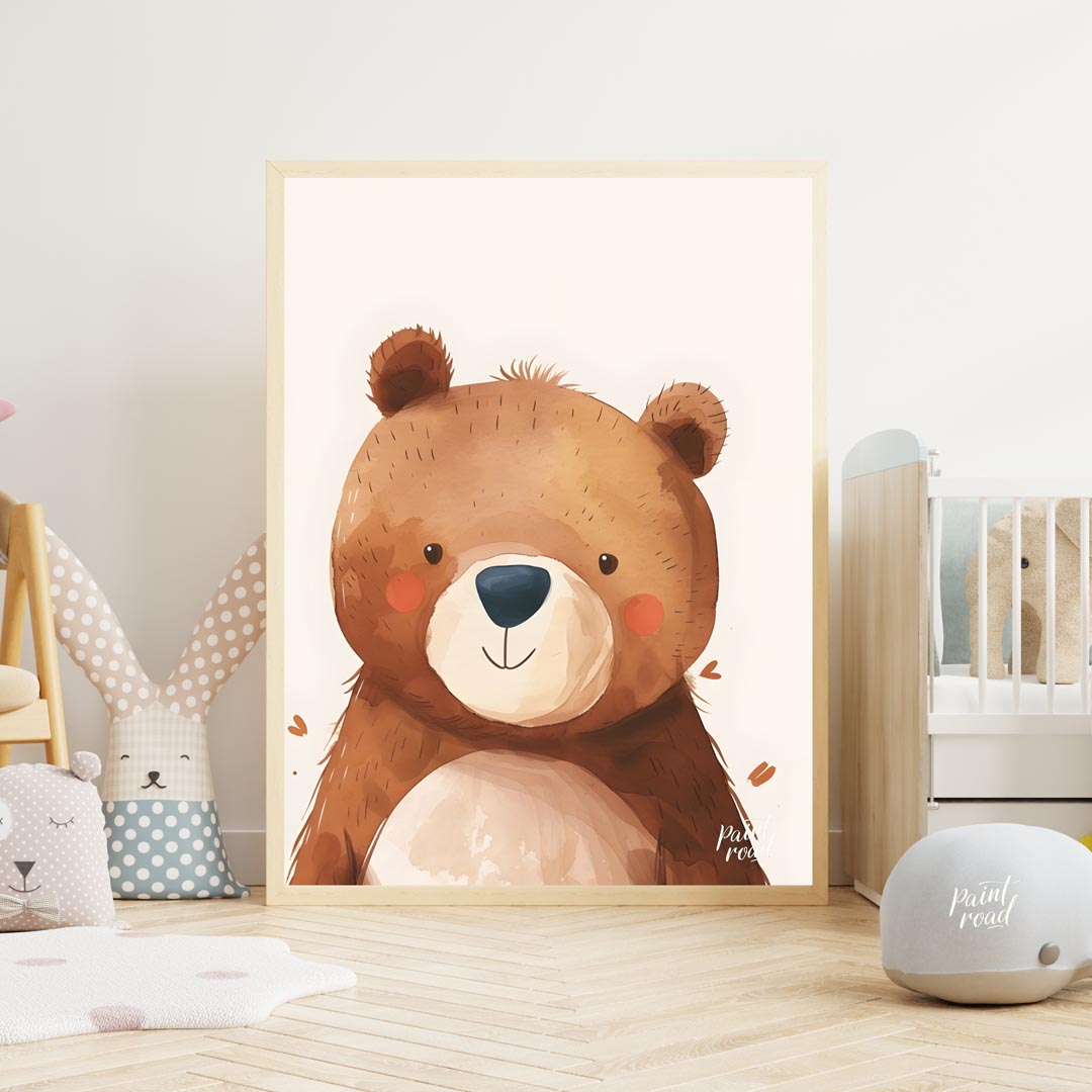 This delightful watercolor illustration presents a charming close-up portrait of a friendly bear wi… for nursery
