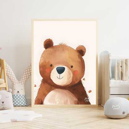 This delightful watercolor illustration presents a charming close-up portrait of a friendly bear wi… for nursery