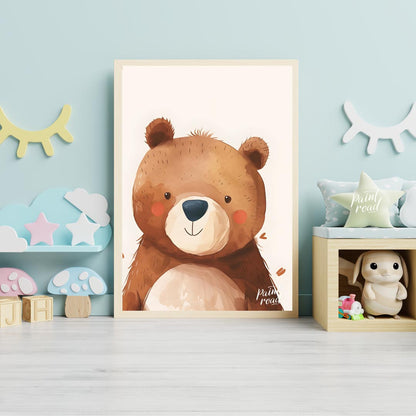 This delightful watercolor illustration presents a charming close-up portrait of a friendly bear wi… for nursery