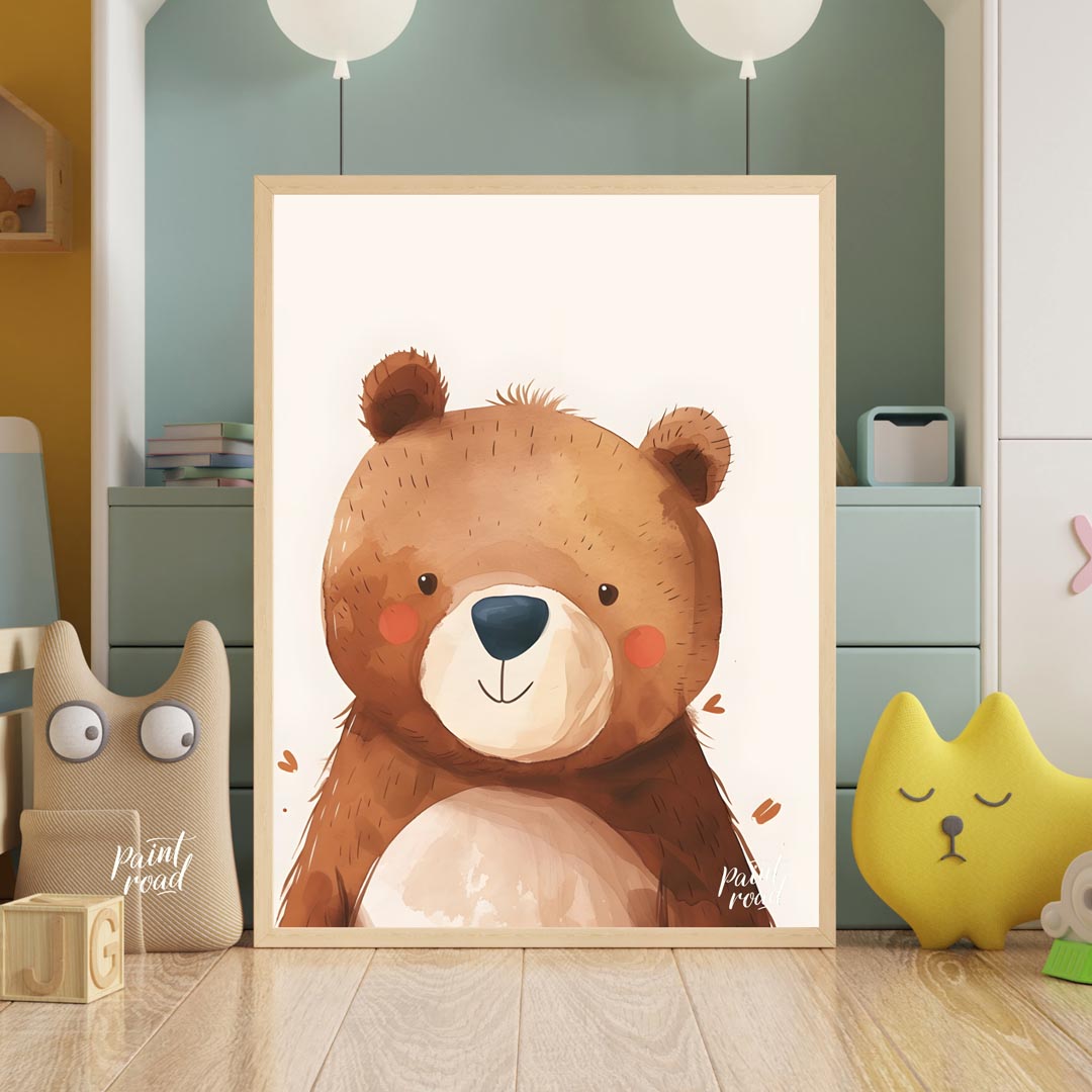 This delightful watercolor illustration presents a charming close-up portrait of a friendly bear wi… for nursery