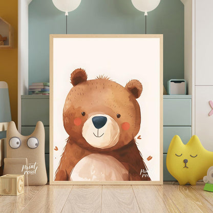 This delightful watercolor illustration presents a charming close-up portrait of a friendly bear wi… for nursery