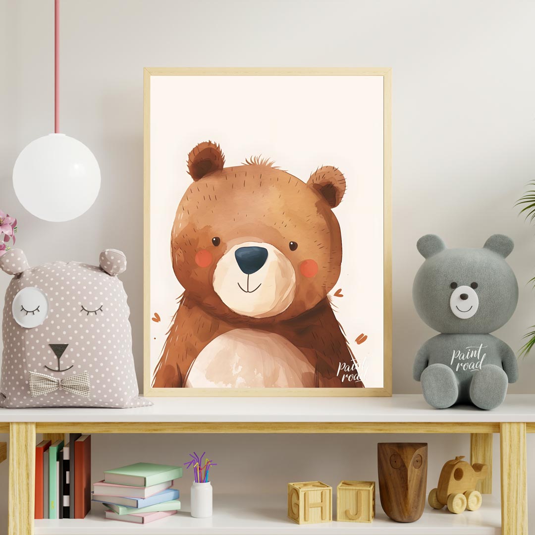 This delightful watercolor illustration presents a charming close-up portrait of a friendly bear wi… for nursery