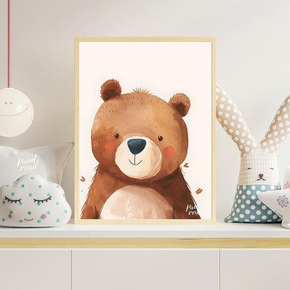This delightful watercolor illustration presents a charming close-up portrait of a friendly bear wi… for nursery