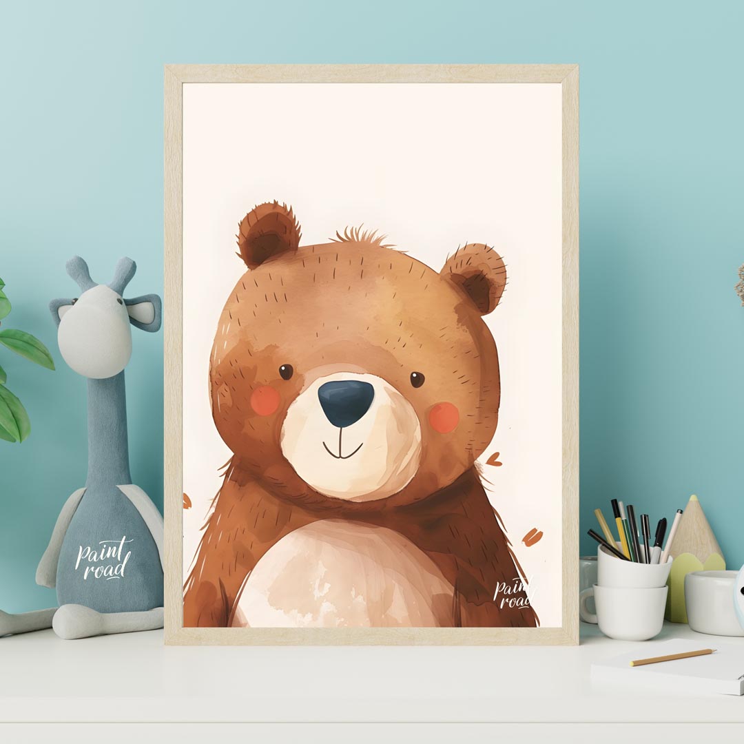 This delightful watercolor illustration presents a charming close-up portrait of a friendly bear wi… for nursery