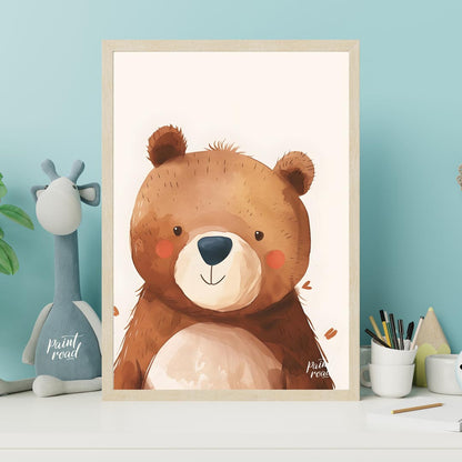 This delightful watercolor illustration presents a charming close-up portrait of a friendly bear wi… for nursery