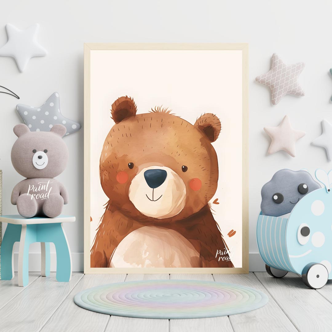 This delightful watercolor illustration presents a charming close-up portrait of a friendly bear wi… for nursery