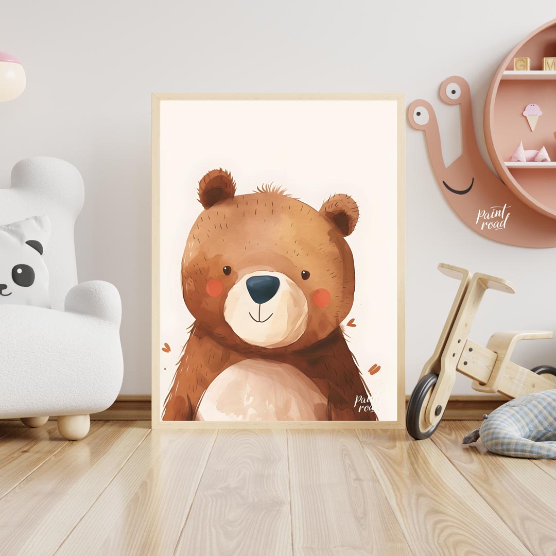 This delightful watercolor illustration presents a charming close-up portrait of a friendly bear wi… for nursery
