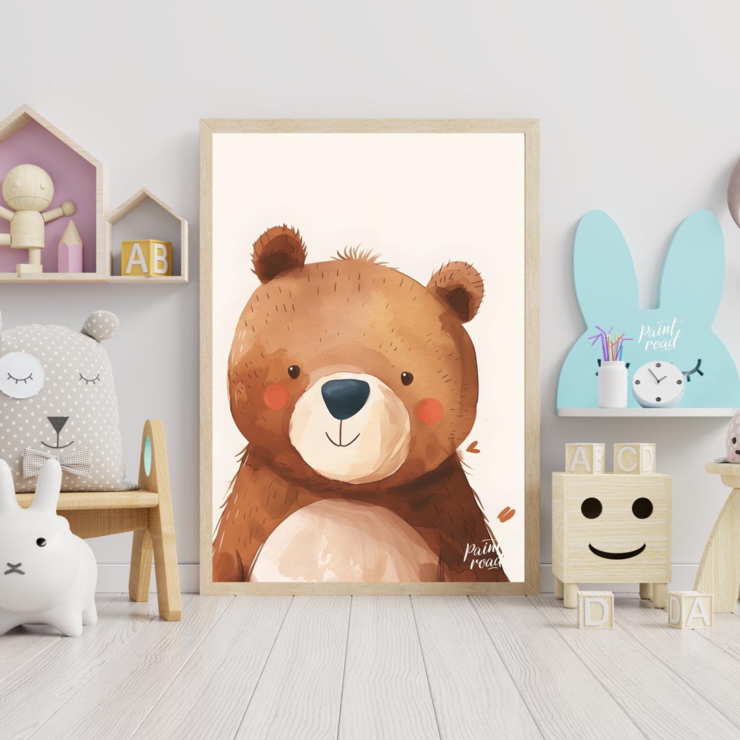 This delightful watercolor illustration presents a charming close-up portrait of a friendly bear wi… for nursery