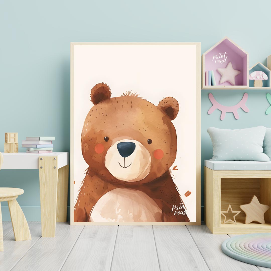 This delightful watercolor illustration presents a charming close-up portrait of a friendly bear wi… for nursery