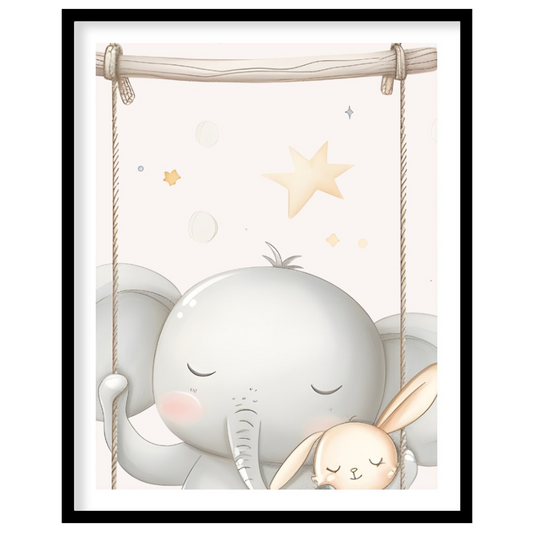 This heartwarming poster presents an endearing duo—a serene baby elephant and a cuddly bunny—gently… for place