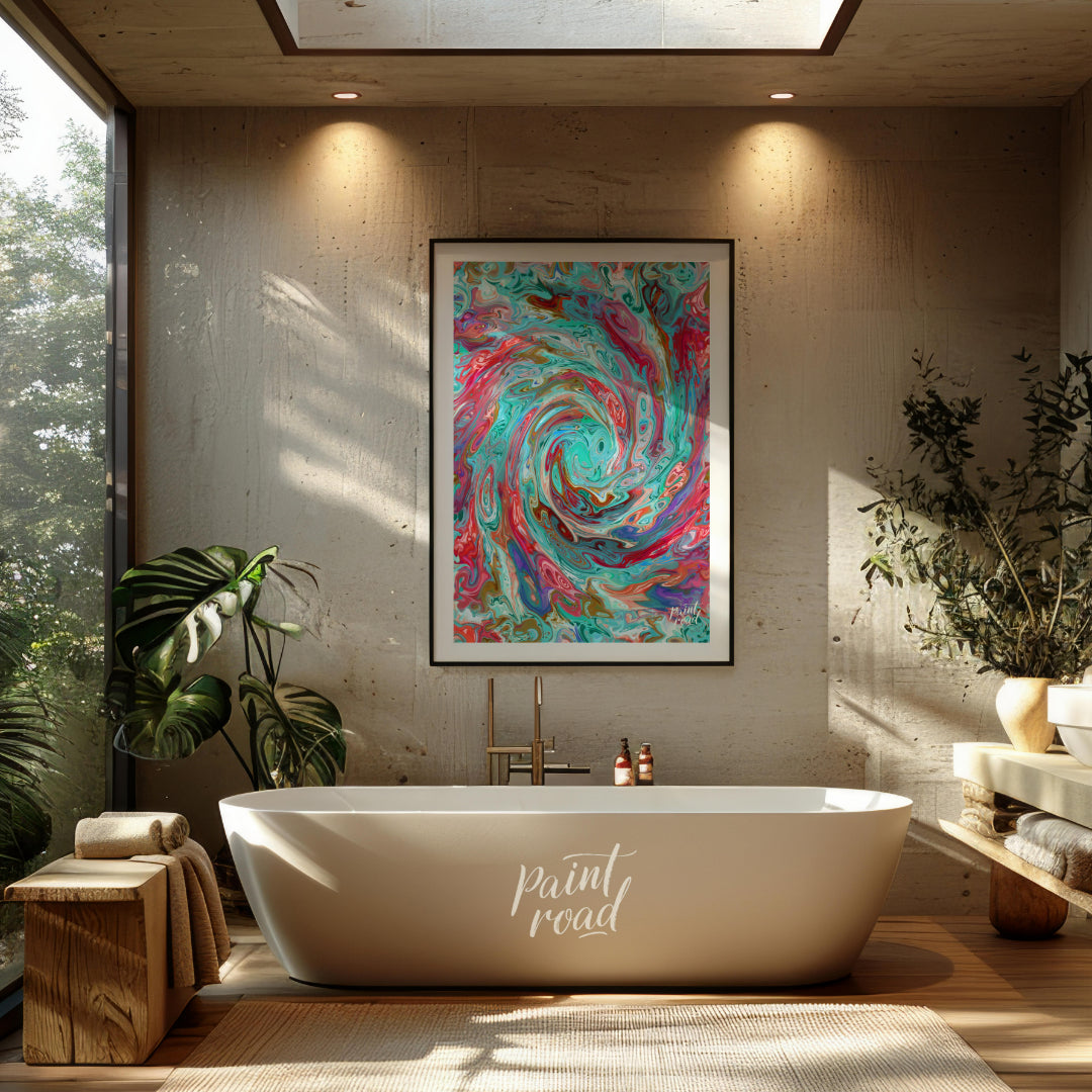 This digital artwork captures a mesmerizing swirl of vibrant colors, creating a dynamic and fluid c… for bathroom