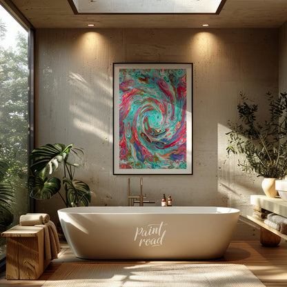 This digital artwork captures a mesmerizing swirl of vibrant colors, creating a dynamic and fluid c… for bathroom
