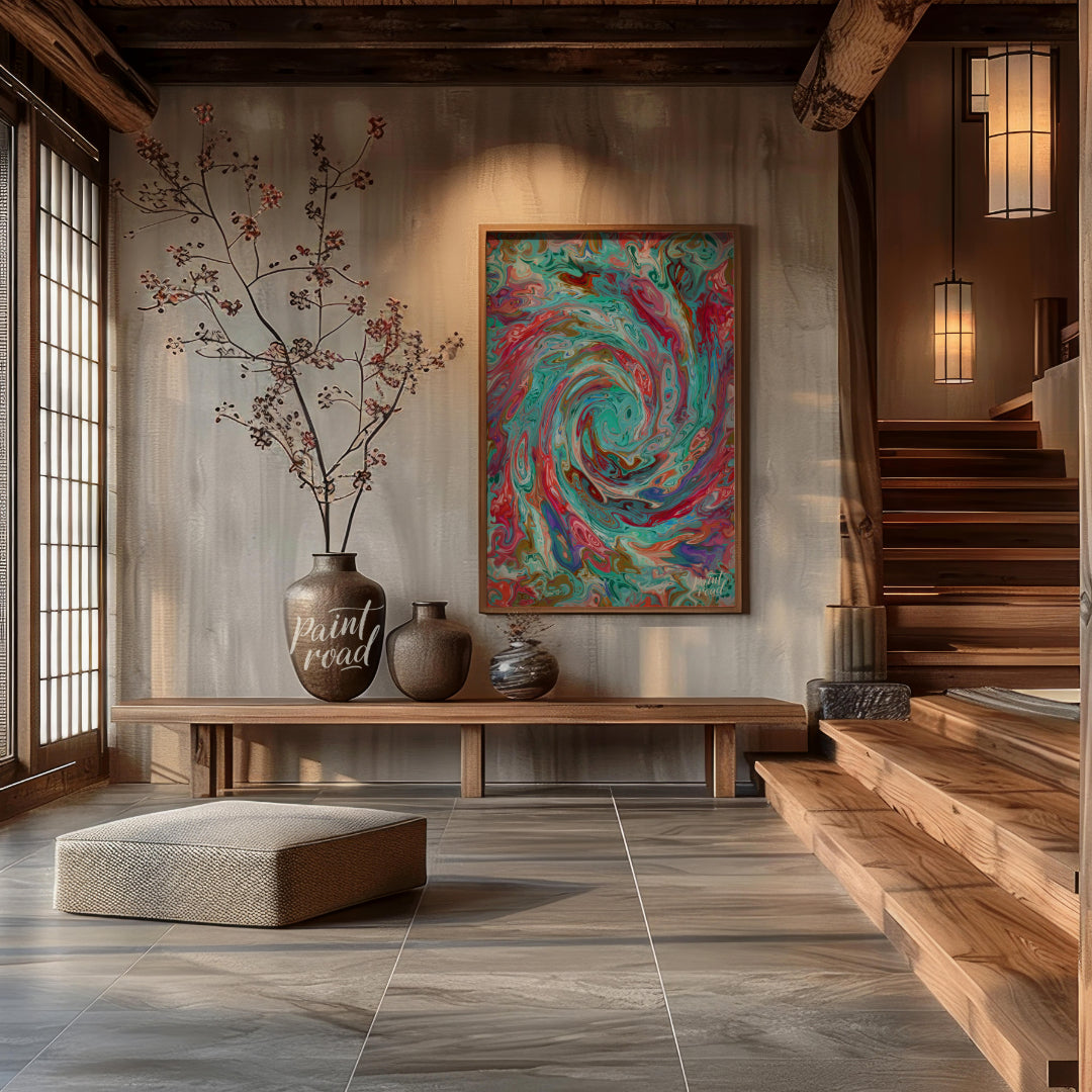 This digital artwork captures a mesmerizing swirl of vibrant colors, creating a dynamic and fluid c… for entryway