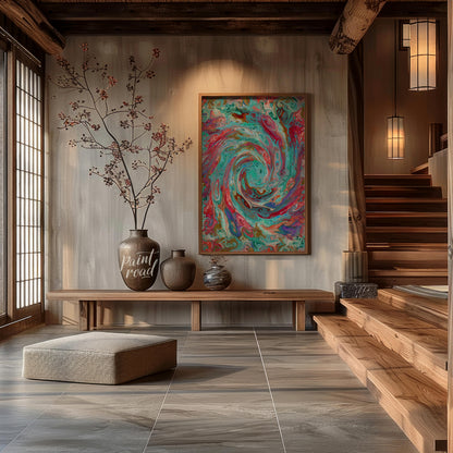 This digital artwork captures a mesmerizing swirl of vibrant colors, creating a dynamic and fluid c… for entryway