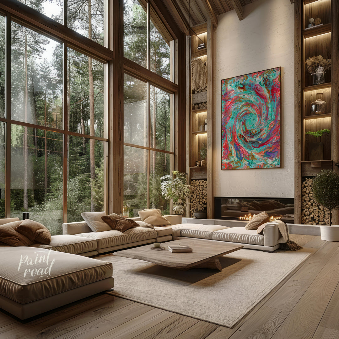 This digital artwork captures a mesmerizing swirl of vibrant colors, creating a dynamic and fluid c… for living room