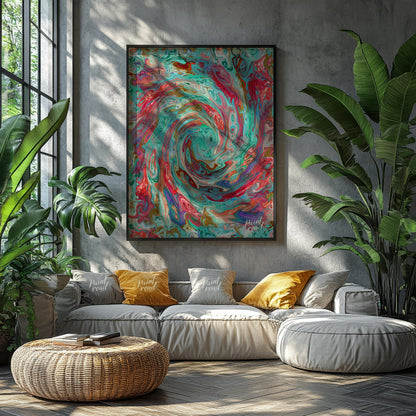 This digital artwork captures a mesmerizing swirl of vibrant colors, creating a dynamic and fluid c… for living room