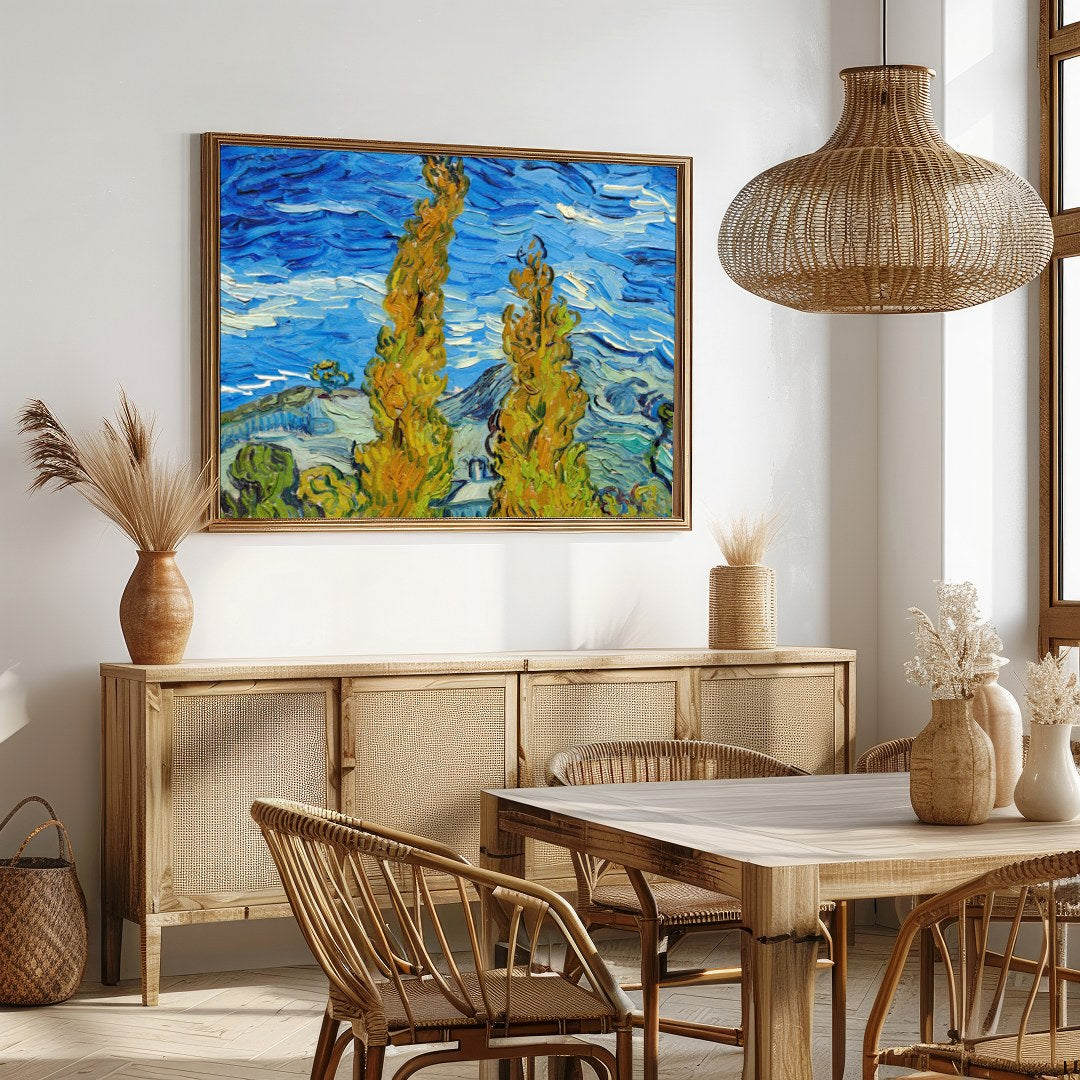 Experience the vibrant dance of colors with this expressive landscape artwork. Featuring swirling for Dining