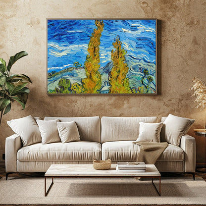 Experience the vibrant dance of colors with this expressive landscape artwork. Featuring swirling for Family Room