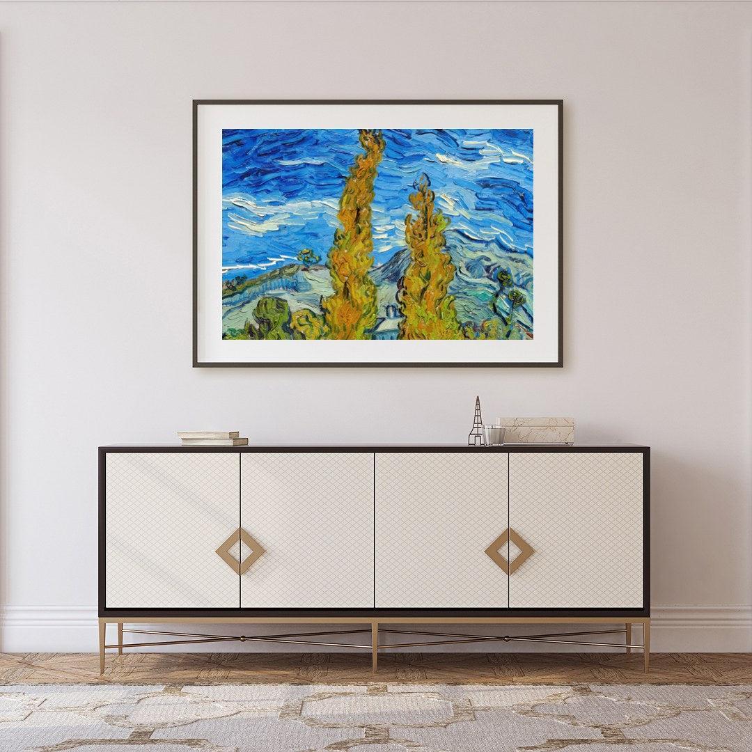 Experience the vibrant dance of colors with this expressive landscape artwork. Featuring swirling for Foyer