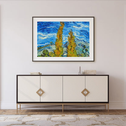 Experience the vibrant dance of colors with this expressive landscape artwork. Featuring swirling for Foyer