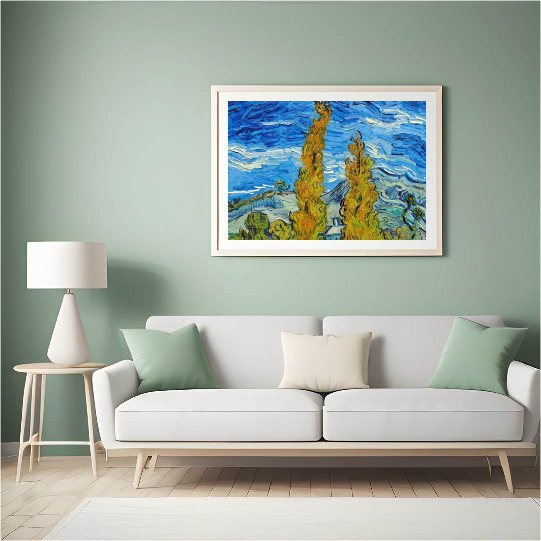 Experience the vibrant dance of colors with this expressive landscape artwork. Featuring swirling for Hall