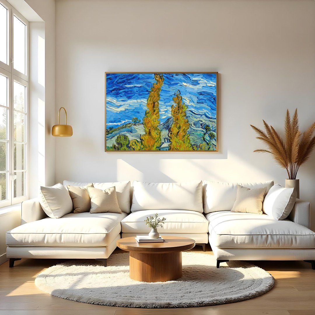 Experience the vibrant dance of colors with this expressive landscape artwork. Featuring swirling for Living Room