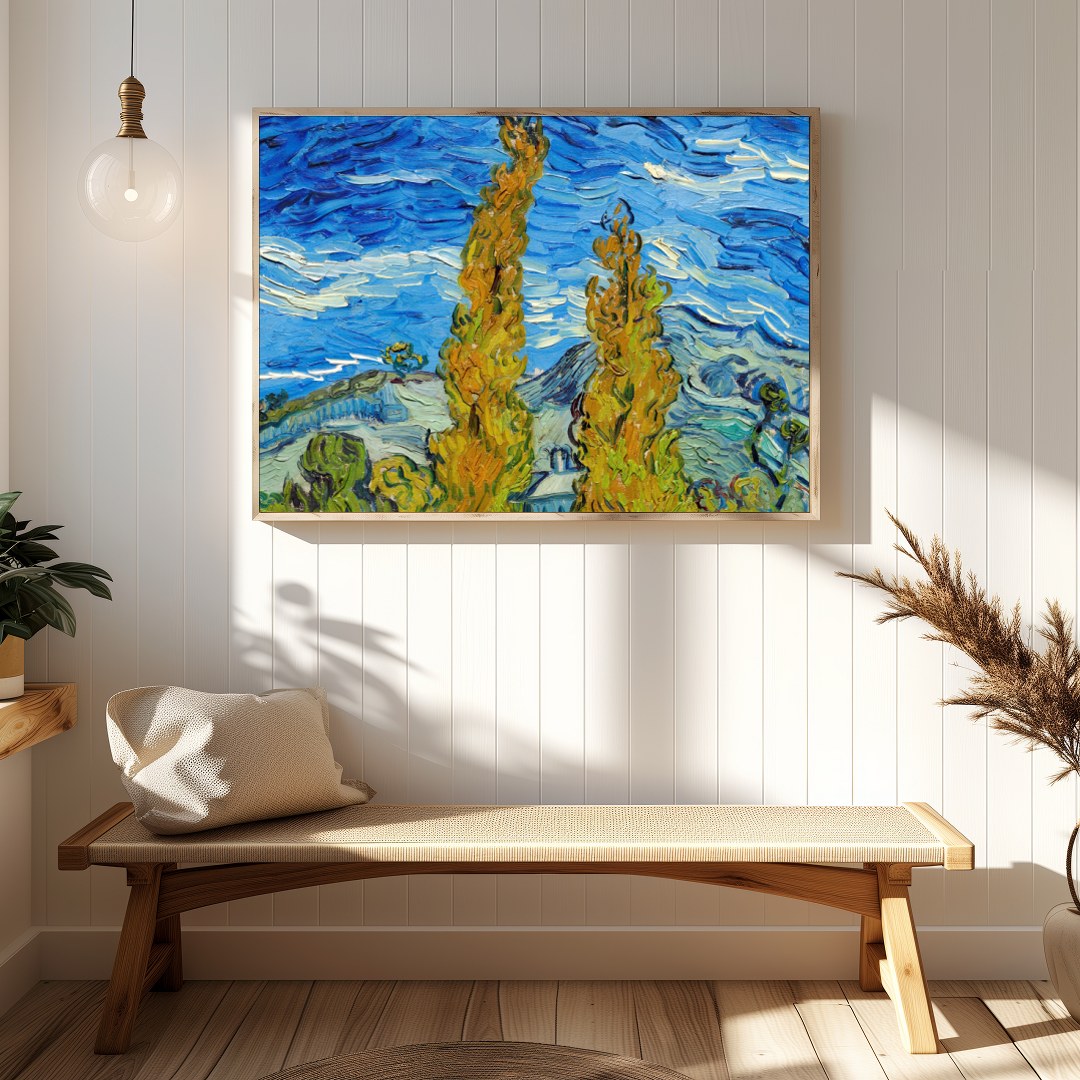 Experience the vibrant dance of colors with this expressive landscape artwork. Featuring swirling for Hallway