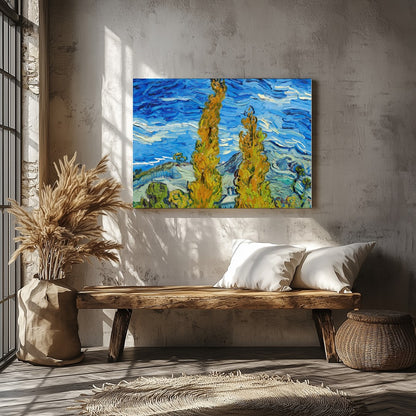 Experience the vibrant dance of colors with this expressive landscape artwork. Featuring swirling for Veranda