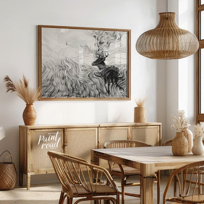This captivating monochromatic artwork depicts a stag enveloped by a mesmerizing landscape of swirl… for dining room