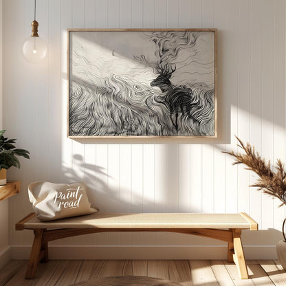 This captivating monochromatic artwork depicts a stag enveloped by a mesmerizing landscape of swirl… for entryway