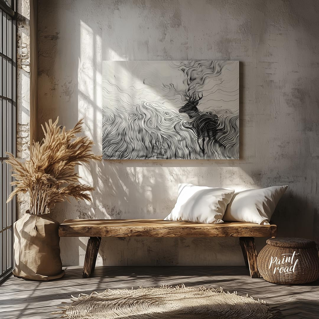 This captivating monochromatic artwork depicts a stag enveloped by a mesmerizing landscape of swirl… for entryway