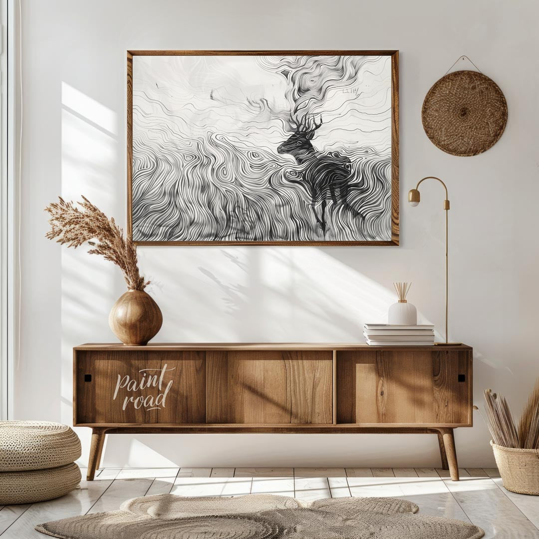 This captivating monochromatic artwork depicts a stag enveloped by a mesmerizing landscape of swirl… for living room