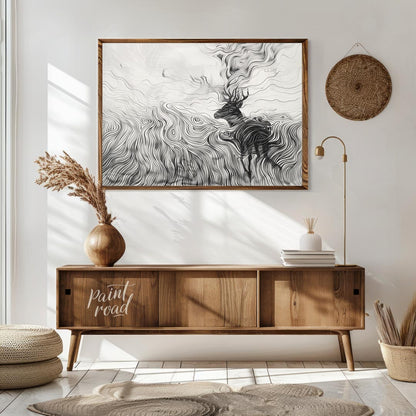 This captivating monochromatic artwork depicts a stag enveloped by a mesmerizing landscape of swirl… for living room