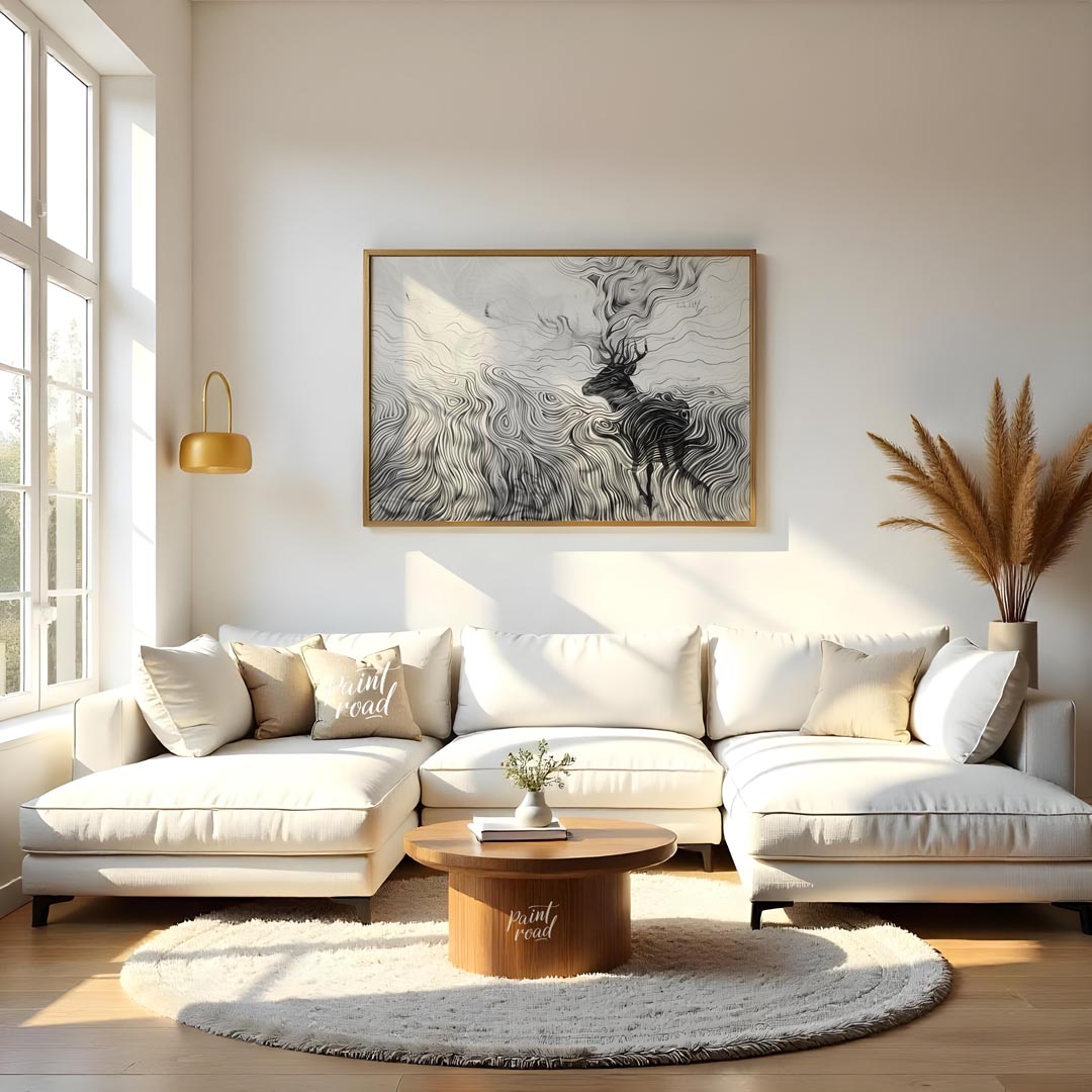 This captivating monochromatic artwork depicts a stag enveloped by a mesmerizing landscape of swirl… for living room